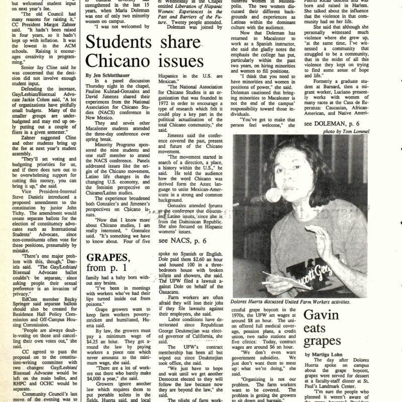 Hispanic week articles; grape boycott; minority women gain strength; Chicano issues, in Mac Weekly, May 4, 1990